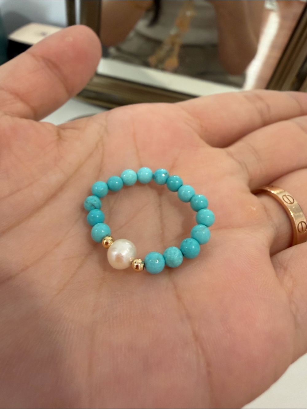 Turquoise Beaded Pearl Accent Stretch Ring